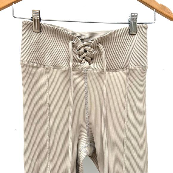 Year Of Ours Ribbed Lace Up Football Leggings Workout Pants Beige Small Caribou - Picture 4 of 8